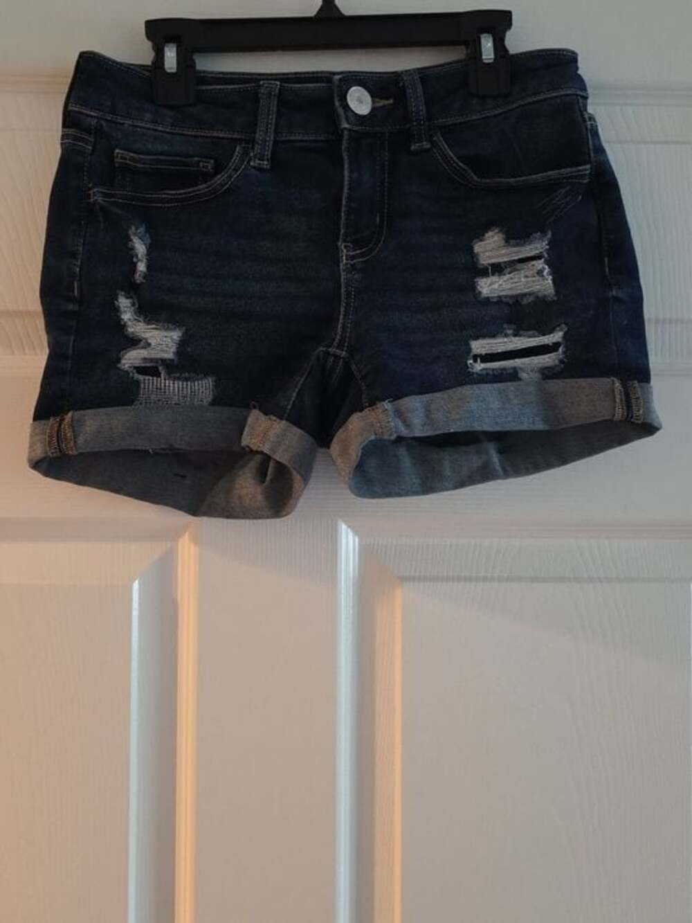 SO Dark Blue Distressed Low-Rise Midi Denim Shorts